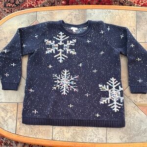 J. Jill Dark Blue Sweater with Festive Snowflakes